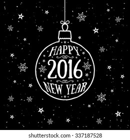 Happy new year 2016. Hand drawn vintage print. Vector illustration.