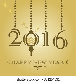 Happy New Year 2016 - Hanging Christmas ornament on golden gradient background