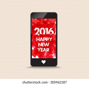 Happy new year 2016 with hearts red color phone