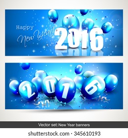 Happy New Year 2016 - Horizontal banners with blue balloons