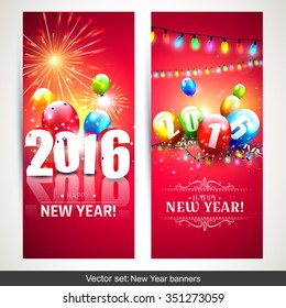 Happy New Year 2016 - Horizontal banners with colorful balloons on red background