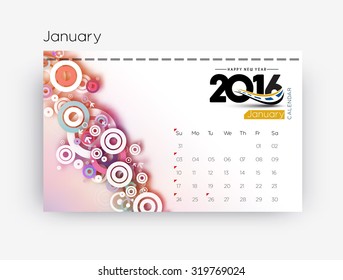 Happy new year 2016 January calendar design.