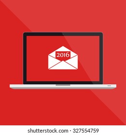Happy New Year 2016. Laptop. Flat design. Vector Illustration
