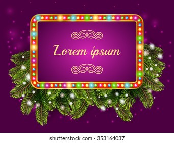 Happy new year 2016 light frame with christmas decorations, and garland. Fir tree background with place for text. Vector illustration