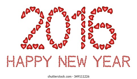 Happy New Year 2016 made from hearts on white background