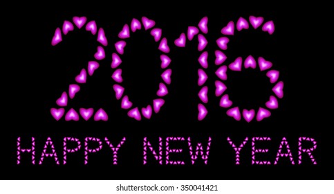 Happy New Year 2016 made from pink hearts on black background