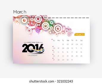 Happy new year 2016 March calendar design.