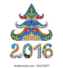 Happy new year 2016 and merry christmas poster. Christmas card in zentangle style. Colorful pattern with high details isolated on white background in gypsy style. Ink pen. Christmas tree.