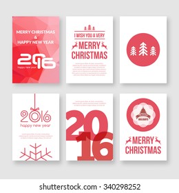 Happy new year 2016 and Merry Christmas vector modern brochure design template with numbers. Set of red  Postcard, invitation. Vector illustration