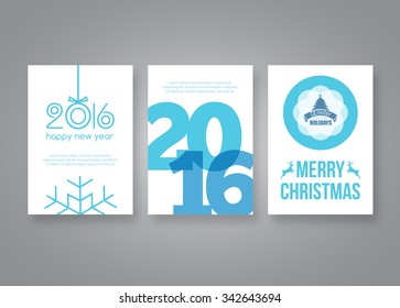 Happy new year 2016 and Merry Christmas vector modern brochure design template with numbers. Set of Postcard, invitation. Vector illustration