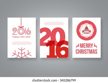 Happy new year 2016 and Merry Christmas vector red modern brochure design template with numbers. Set of Postcard, invitation. Vector illustration.