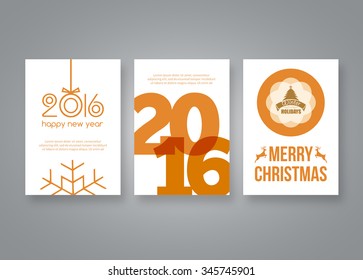 Happy new year 2016 and Merry Christmas vector red modern brochure design template with numbers. Set of Postcard, invitation. Vector illustration.
