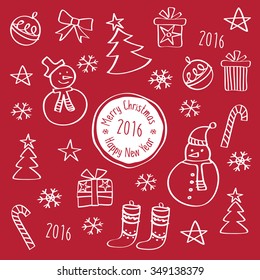 Happy New Year 2016. Merry Christmas. Template for Greeting Congratulations, Invitations. Hand drawing with chalk on the red background. Doodles, sketch, design elements. Vector.