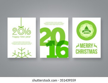 Happy new year 2016 and Merry Christmas vector green modern brochure design template with numbers. Set of Postcard, invitation. Vector illustration.