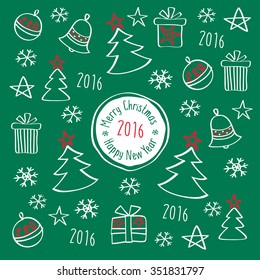 Happy New Year 2016. Merry Christmas. Template for Greeting Congratulations, Invitations. Hand drawing with chalk on the dark green background. Doodles, sketch, design elements. Vector.