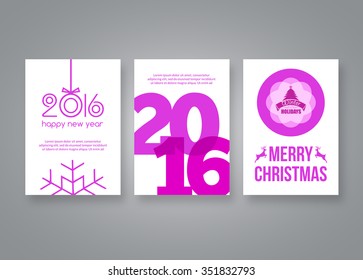 Happy new year 2016 and Merry Christmas vector pink modern brochure design template with numbers. Set of Postcard, invitation. Vector illustration.