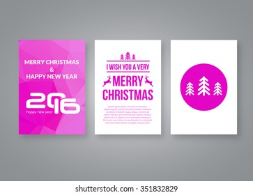 Happy new year 2016 and Merry Christmas vector pink modern brochure design template with numbers. Set of Postcard, invitation. Vector illustration.