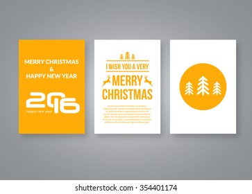 Happy new year 2016 and Merry Christmas vector yellow modern brochure design template with numbers. Set of Postcard, invitation. Vector illustration.