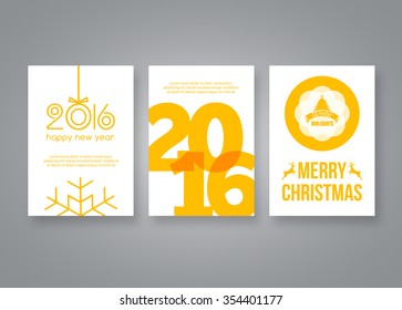 Happy new year 2016 and Merry Christmas vector yellow modern brochure design template with numbers. Set of Postcard, invitation. Vector illustration.