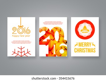 Happy new year 2016 and Merry Christmas vector bright modern brochure design template with numbers. Set of Postcard, invitation. Vector illustration.