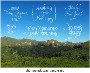 Happy New Year 2016 mix tags wording for scrapbook blessing words and mountain landscape background with low-poly technical.