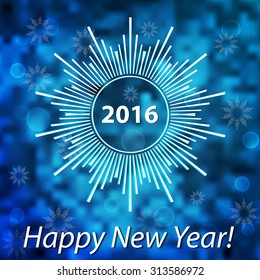 Happy New Year 2016 modern cover. Snowflake on blurred bokeh background. Blue soft color