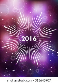 Happy New Year 2016 modern cover. Snowflake on blurred bokeh background. Purple and pink soft colors