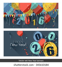 Happy New Year 2016 - modern horizontal banners in flat design style