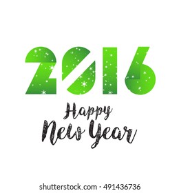 Happy New Year 2016 modern geometric numbers with snowflakes and trend green gradient color design. New Year greeting holiday card. Vector geometric festive text for banner, poster, invitation.