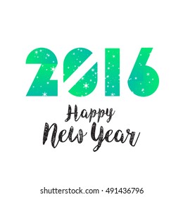Happy New Year 2016 modern geometric numbers with snowflakes and trend light green gradient color design. New Year greeting holiday card. Vector geometric festive text for banner, poster, invitation.