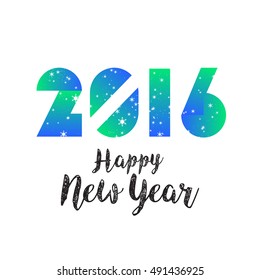 Happy New Year 2016 modern geometric numbers with snowflakes and trend blue-green gradient color design. New Year greeting holiday card. Vector geometric festive text for banner, poster, invitation.