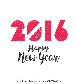 Happy New Year 2016 modern geometric numbers with snowflakes and trend pink gradient color design. New Year greeting holiday card. Vector geometric festive text for banner, poster, invitation.