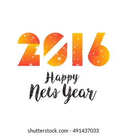 Happy New Year 2016 modern geometric numbers with snowflakes and trend red-yellow gradient color design. New Year greeting holiday card. Vector geometric festive text for banner, poster, invitation.