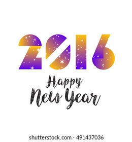 Happy New Year 2016 modern geometric numbers with snowflakes and trend purple-gold gradient color design. New Year greeting holiday card. Vector geometric festive text for banner, poster, invitation.