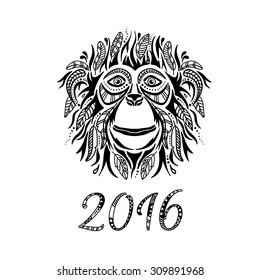 Happy new year 2016. Year Of The Monkey. Vector Illustration. Useful for design of a t-shirt, bag, postcard, poster, tattoo, packaging, interior decorating and other design.