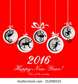 Happy new year 2016. Year Of The Monkey. Happy New Year greeting card. Celebration red background with Christmas balls, monkeys and place for your text. Vector Illustration 