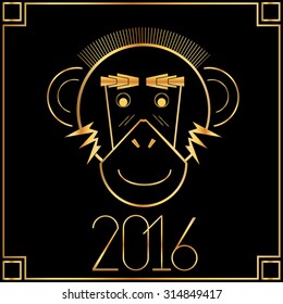 Happy new year 2016. Year Of The Monkey.  Art Deco Vintage Frame