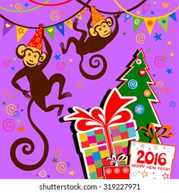 Happy new year 2016. Year Of The Monkey. Vector Illustration
