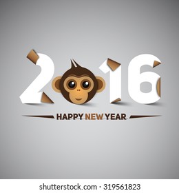 Happy new year, 2016, with monkey head - the year of monkey, letters in papercut style, moder design