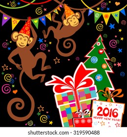 Happy new year 2016. Year Of The Monkey. Vector Illustration