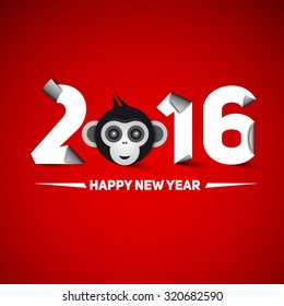 Happy new year, 2016, with monkey head - the year of monkey, letters in paper cut style, modern design