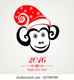 Happy new year 2016. Year Of The Monkey. Celebration  background with monkey, Hat Santa Claus and place for your text. vector illustration