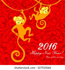 Happy new year 2016. Year Of The Monkey. Vector Illustration