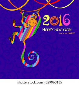 Happy new year 2016. Year Of The Monkey. Vector Illustration