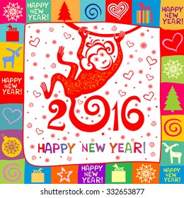 Happy new year 2016. Year Of The Monkey. Vector Illustration