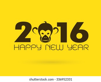 Happy new year, 2016, with monkey head. Vector illustration.