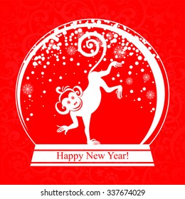 Happy new year 2016. Year Of The Monkey. Vintage Greeting Card. Celebration red background with Snow globe, cute monkey and place for your text. vector illustration 