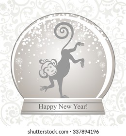 Happy new year 2016. Year Of The Monkey. Vintage Greeting Card. Celebration gray background with Snow globe, cute monkey and place for your text. vector illustration 