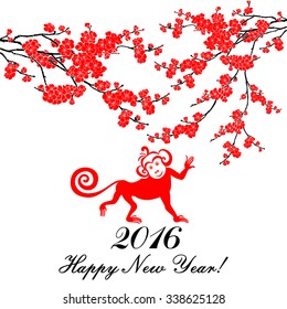 Happy new year 2016. Year Of The Monkey. Celebration background with Red Plum flowers, monkey and place for your text. Vector Illustration