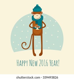 Happy new year 2016. Monkey Greeting Card. Vector Illustration